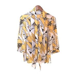 Vtg  70s 80s Teddi of Calif Geometric Bow Blouse Yellow Black White Mod Sz L